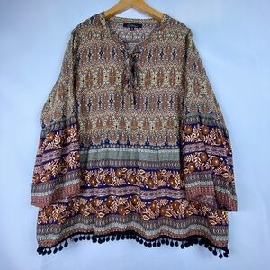 Caleooa women' Sz XL long sleeve peasant blouse top lace-up front Boho Bohemian